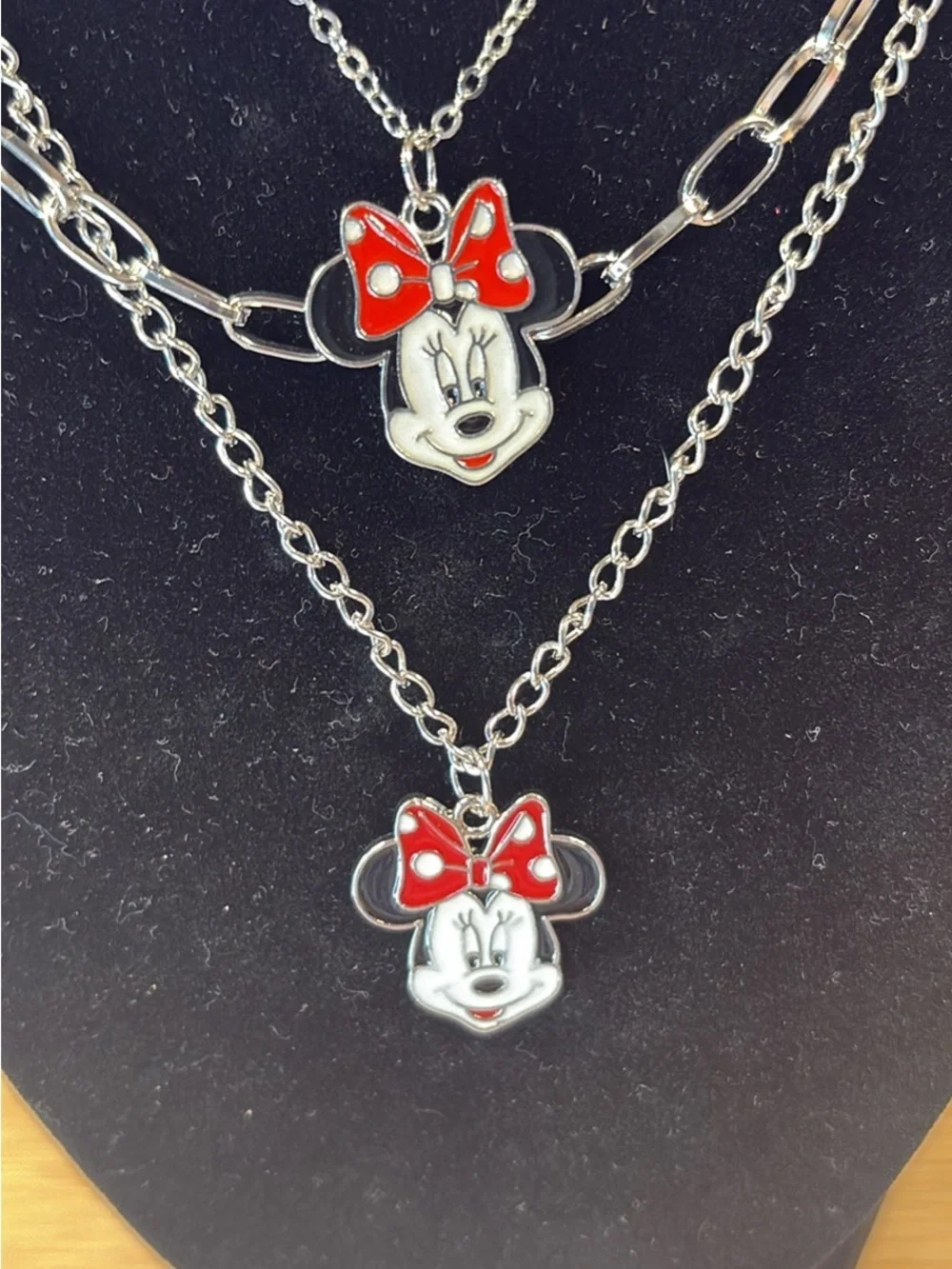 Layered Silver Necklace with Red Bow Minnie-Style Pendants - Women Jewelry
